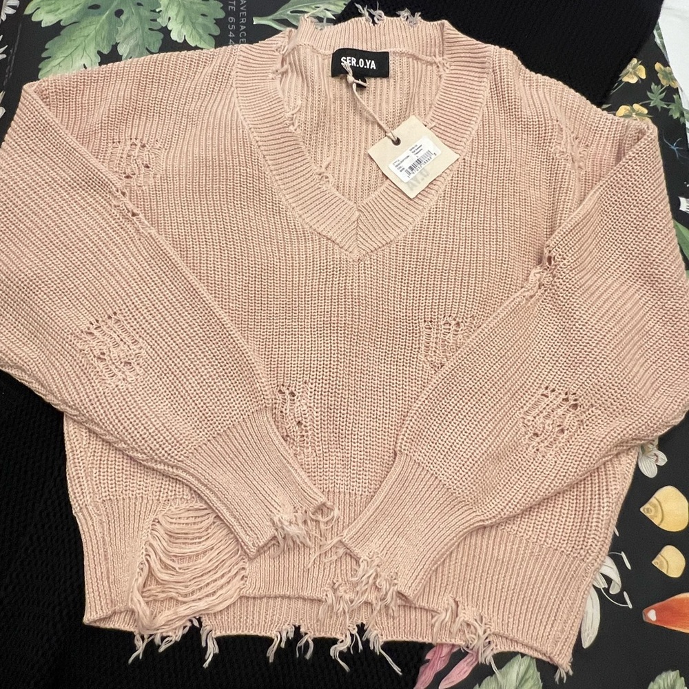 New! Seroya Distressed V-Neck Sweater, Size L